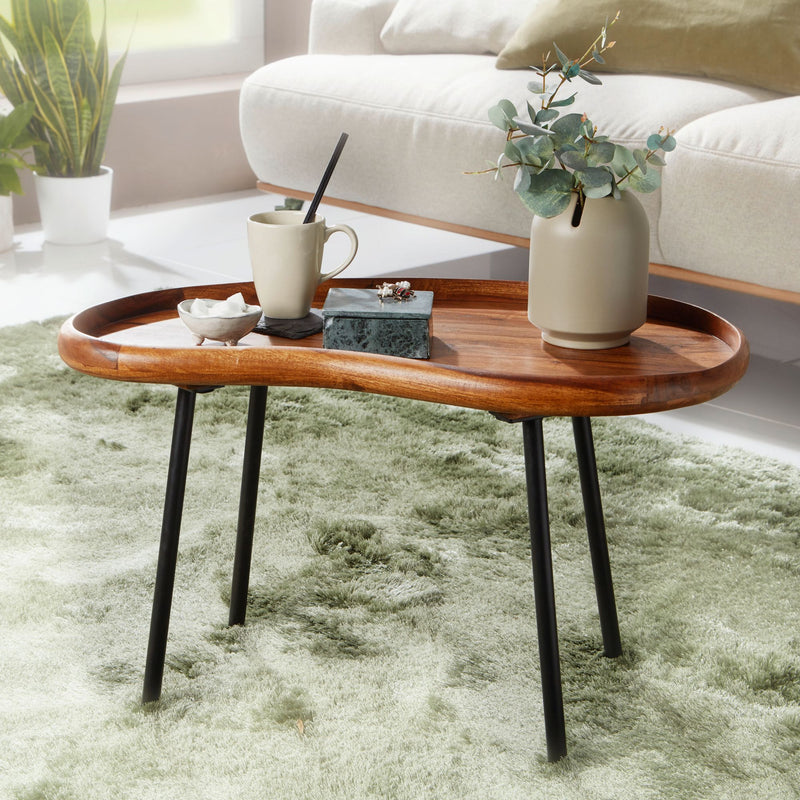 Couchtisch WL5.670 Sheesham massiv Nierenform Metallbeine 71x42x40cm