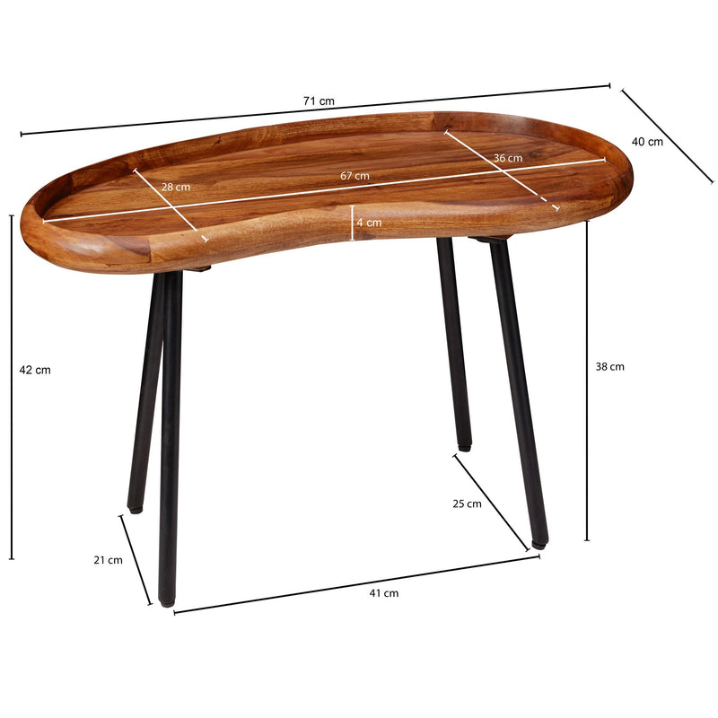 Couchtisch WL5.670 Sheesham massiv Nierenform Metallbeine 71x42x40cm