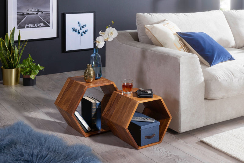 Beistelltisch 2er Set Sheesham Massivholz Design Wohnzimmer Couchtisch