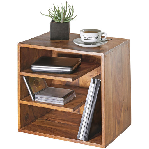 Beistelltisch Sheesham Massivholz 43x43x30cm mit zwei offenen Fächern und dunkelbrauner Arbeitsplatte.
