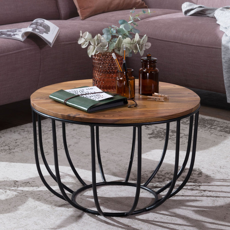 Couchtisch WL5.677 Sheesham Massivholz Metall Rund Industrial Braun