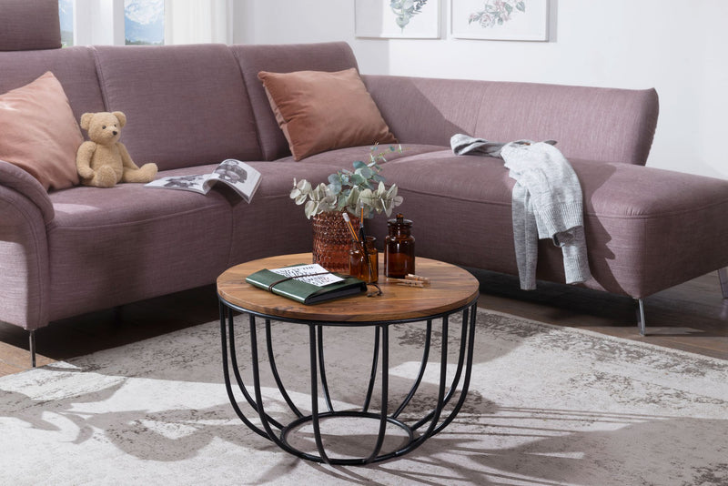 Couchtisch WL5.677 Sheesham Massivholz Metall Rund Industrial Braun