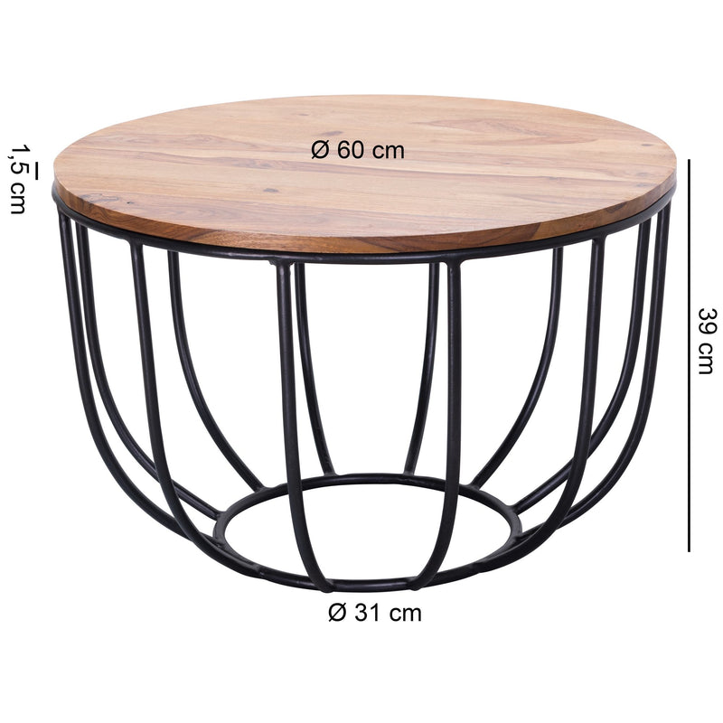 Couchtisch WL5.677 Sheesham Massivholz Metall Rund Industrial Braun