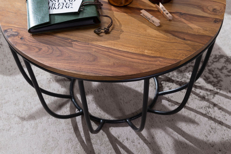 Couchtisch WL5.677 Sheesham Massivholz Metall Rund Industrial Braun