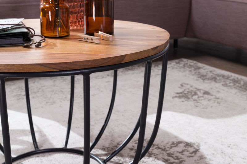 Couchtisch WL5.677 Sheesham Massivholz Metall Rund Industrial Braun
