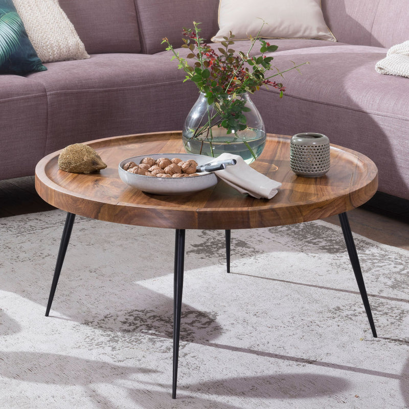 Couchtisch WL5.678 Sheesham Massivholz Metall Rund Retro Braun 75x39x75cm