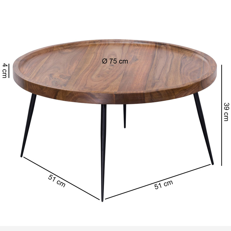 Couchtisch WL5.678 Sheesham Massivholz Metall Rund Retro Braun 75x39x75cm