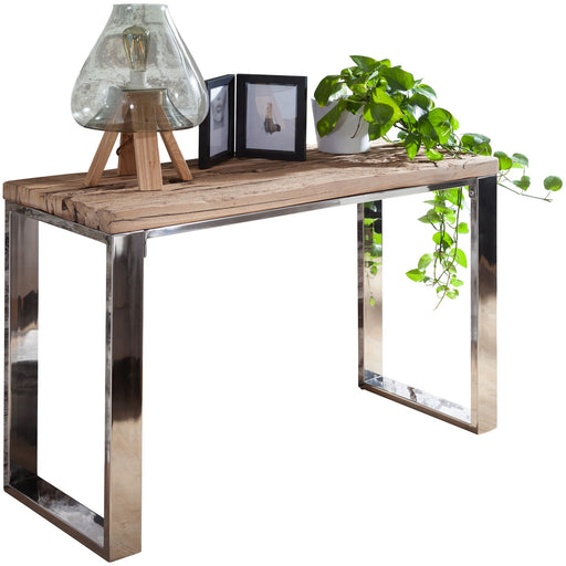 Konsolentisch 115x76x46cm Akazie Massivholz Natur mit massiver Holzplatte und Metallgestell in Gesamtansicht.