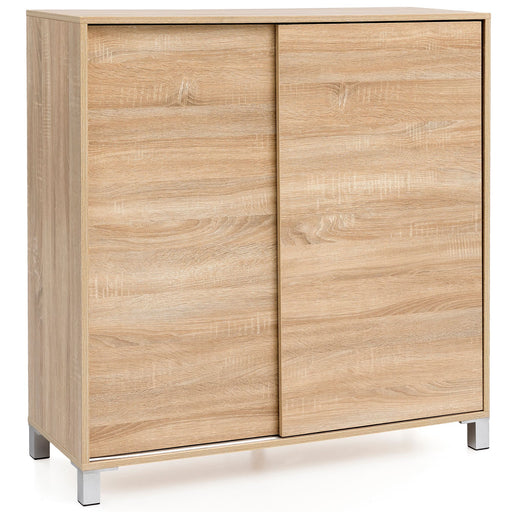 Schuhschrank WL5.713 in Sonoma-Holzoptik mit zwei Schiebetüren und Metallfüßen, Gesamtansicht.