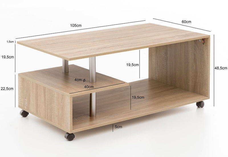 Couchtisch WL5.735 Sonoma drehbar mit Rollen Stauraum 105x48,5x60cm