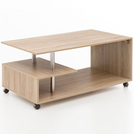 Couchtisch WL5.735 Sonoma drehbar mit Rollen in Gesamtansicht, Holzoptik mit drehbarer Platte und offenen Ablagefächern.