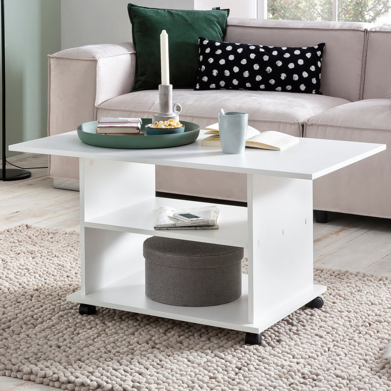 Couchtisch WL5.738 Weiß Drehbar Rollen Stauraum 95x51x54,5cm Holz