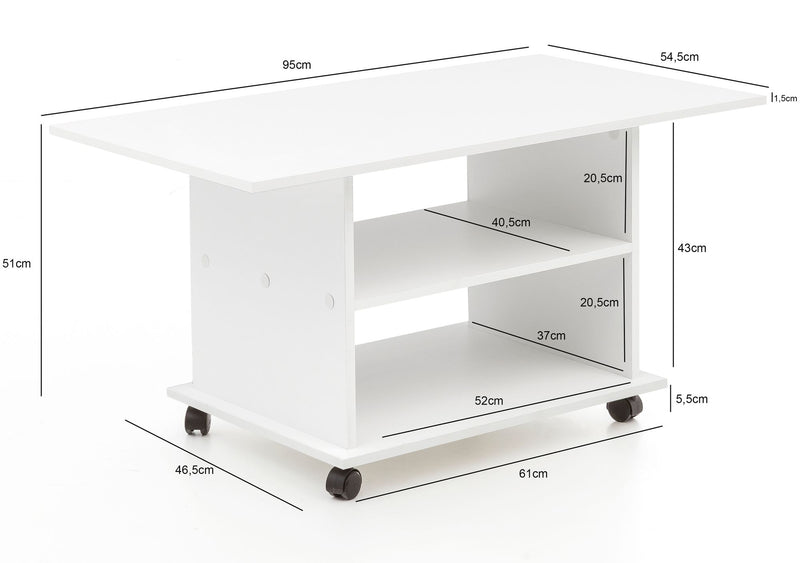 Couchtisch WL5.738 Weiß Drehbar Rollen Stauraum 95x51x54,5cm Holz