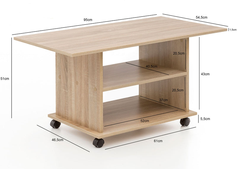 Couchtisch WL5.739 Sonoma drehbar mit Rollen Holz Stauraum 95x51x54,5cm
