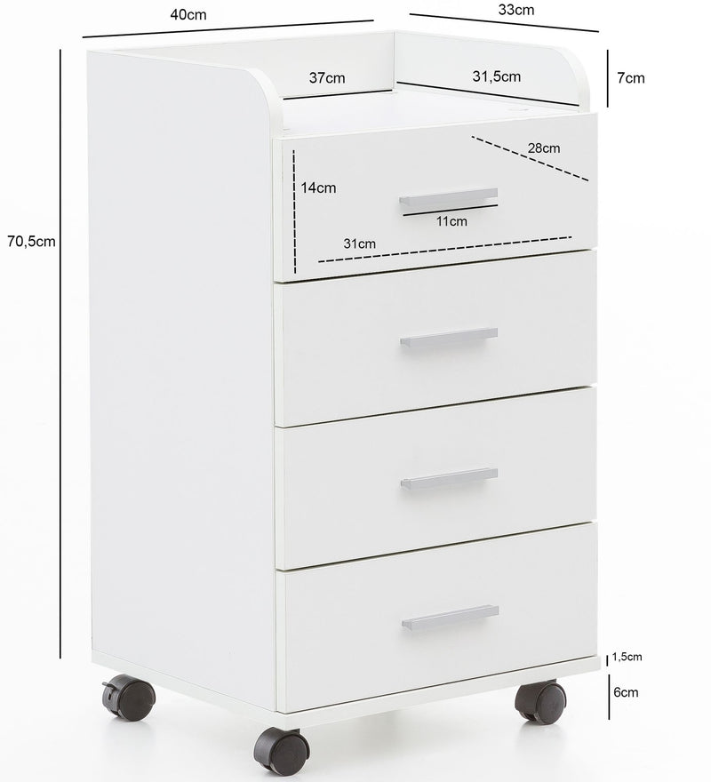 Rollcontainer WL5.748 Weiß 4 Schubladen 40x70,5x33cm Bürocontainer