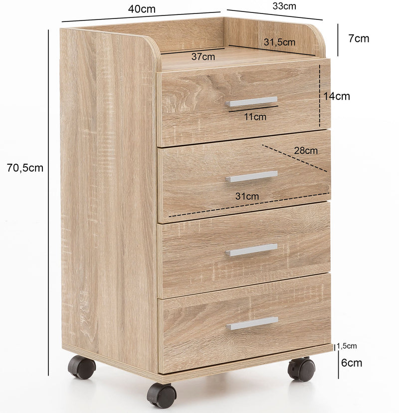 Rollcontainer WL5.749 40x70,5x33cm Sonoma 4 Schubladen Bürocontainer