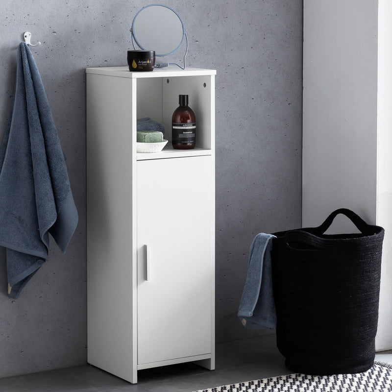 Badschrank 30x95,5x30cm Holz Weiß mit Tür & Ablagefach freistehend