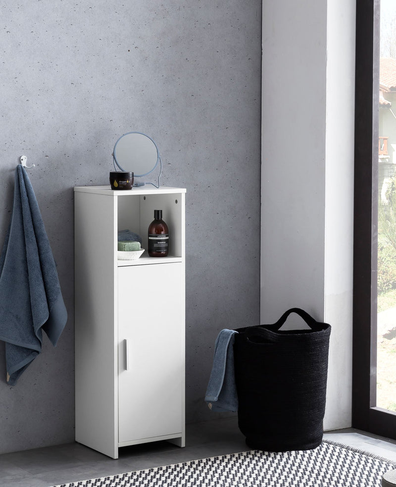 Badschrank 30x95,5x30cm Holz Weiß mit Tür & Ablagefach freistehend