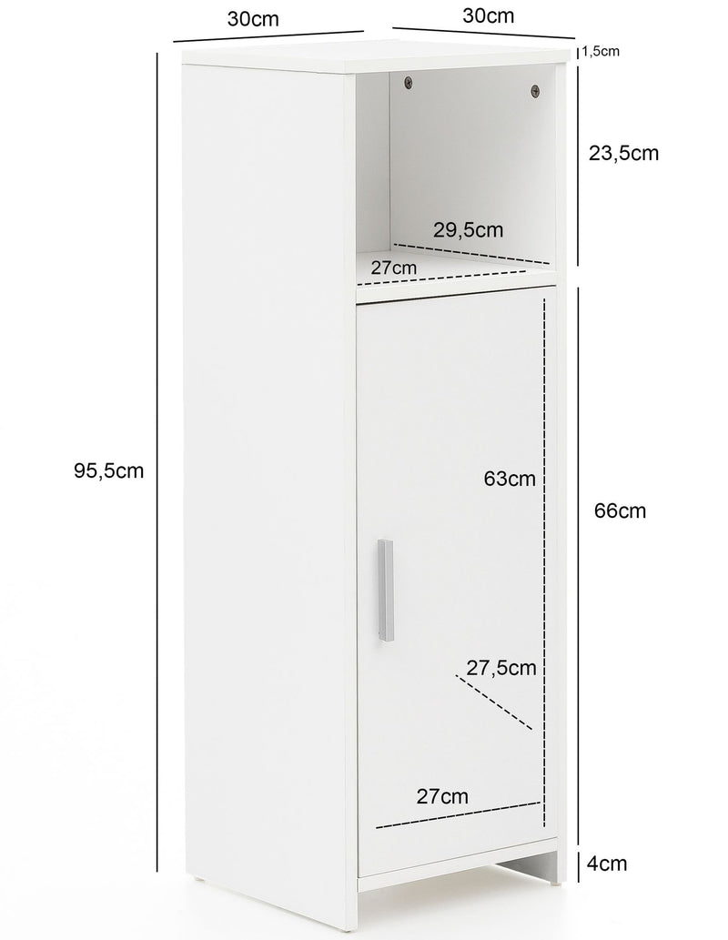 Badschrank 30x95,5x30cm Holz Weiß mit Tür & Ablagefach freistehend