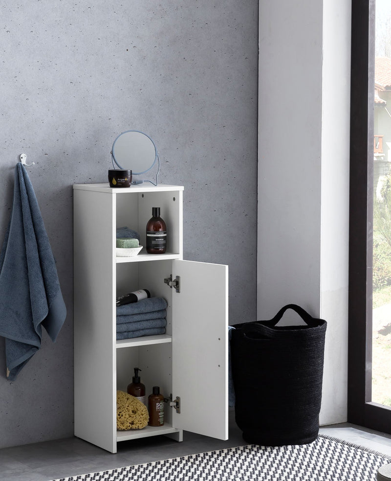 Badschrank 30x95,5x30cm Holz Weiß mit Tür & Ablagefach freistehend