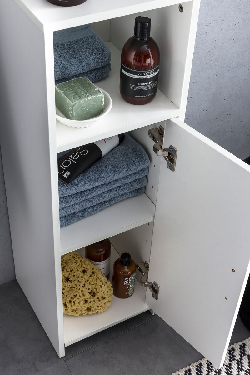 Badschrank 30x95,5x30cm Holz Weiß mit Tür & Ablagefach freistehend