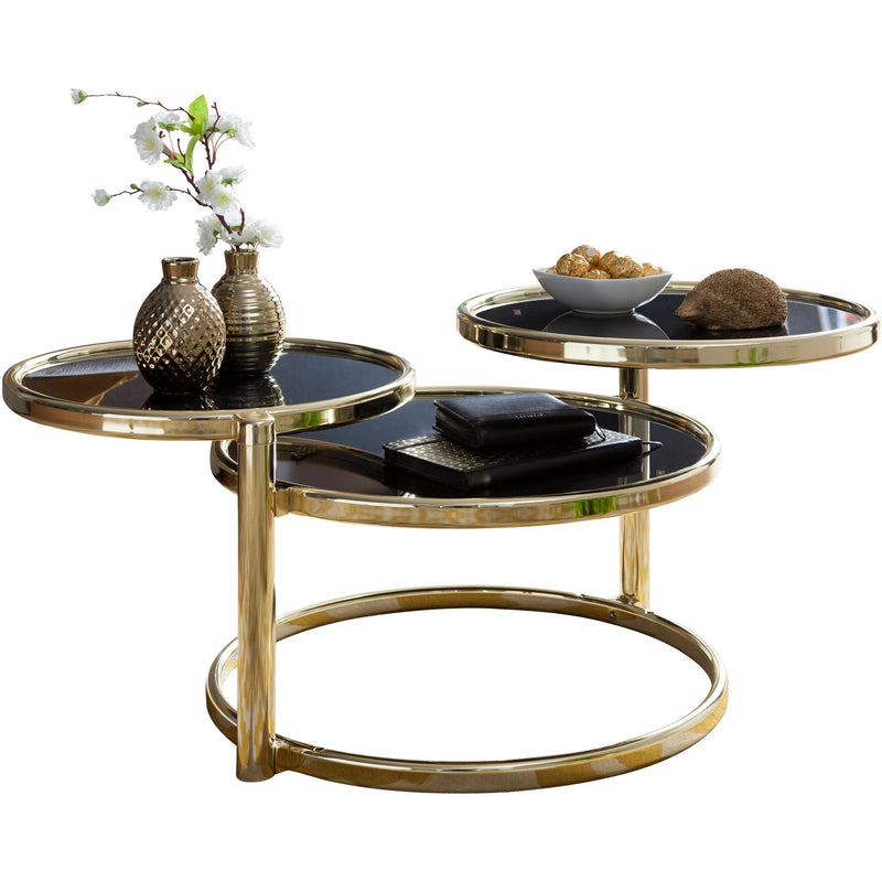 Couchtisch 3 Tischplatten Schwarz Gold Glas Metall Rund Modern