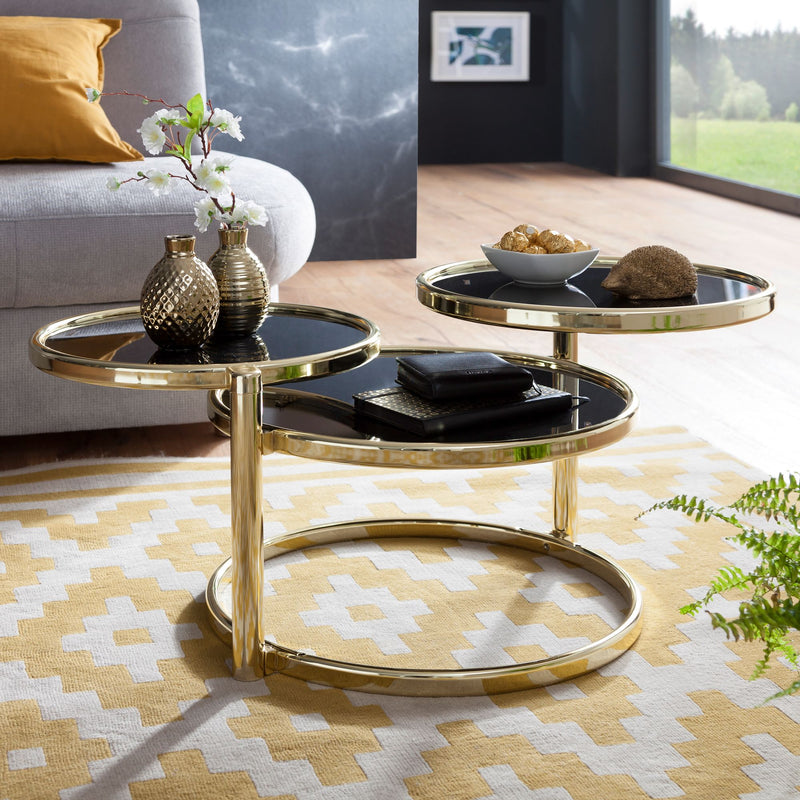 Couchtisch 3 Tischplatten Schwarz Gold Glas Metall Rund Modern
