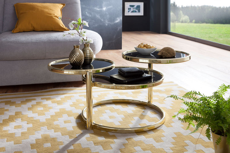 Couchtisch 3 Tischplatten Schwarz Gold Glas Metall Rund Modern