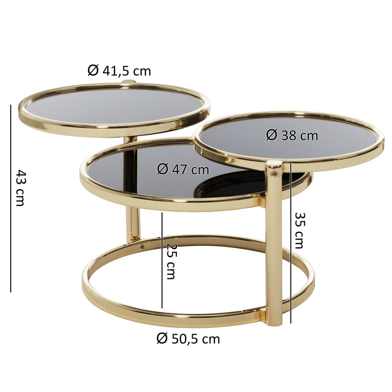 Couchtisch 3 Tischplatten Schwarz Gold Glas Metall Rund Modern