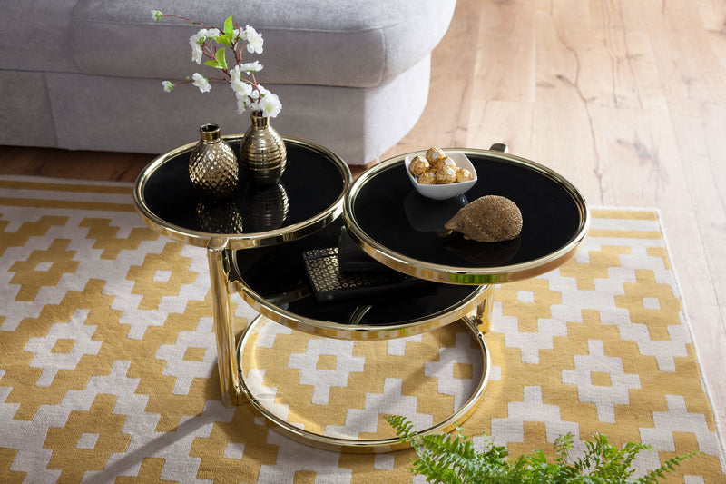 Couchtisch 3 Tischplatten Schwarz Gold Glas Metall Rund Modern