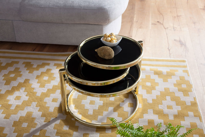 Couchtisch 3 Tischplatten Schwarz Gold Glas Metall Rund Modern