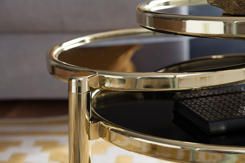 Couchtisch 3 Tischplatten Schwarz Gold Glas Metall Rund Modern