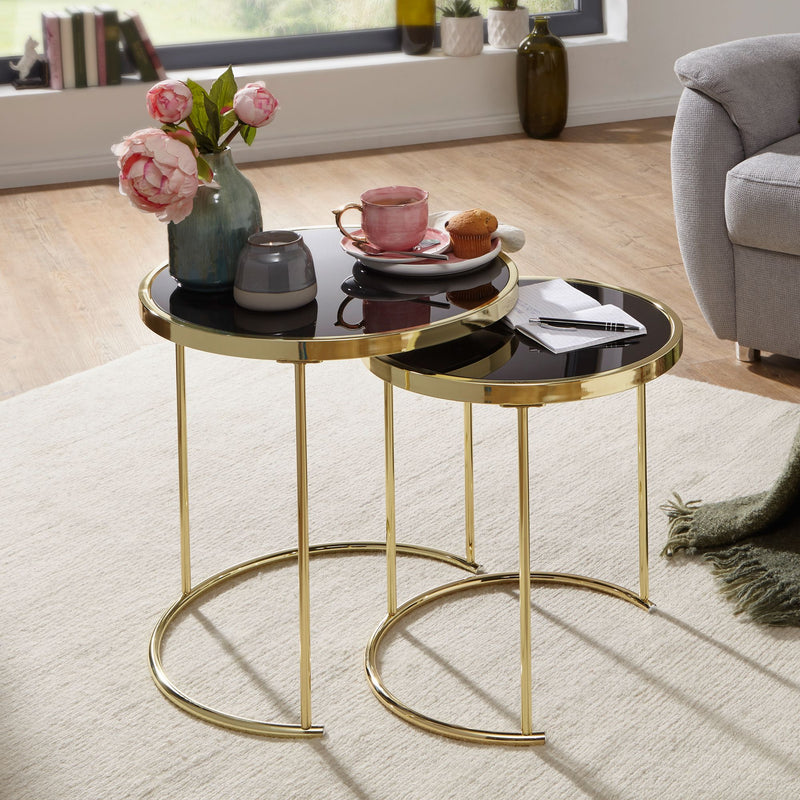 Satztisch Set COMO Metall Glas Schwarz Gold modern Beistelltisch