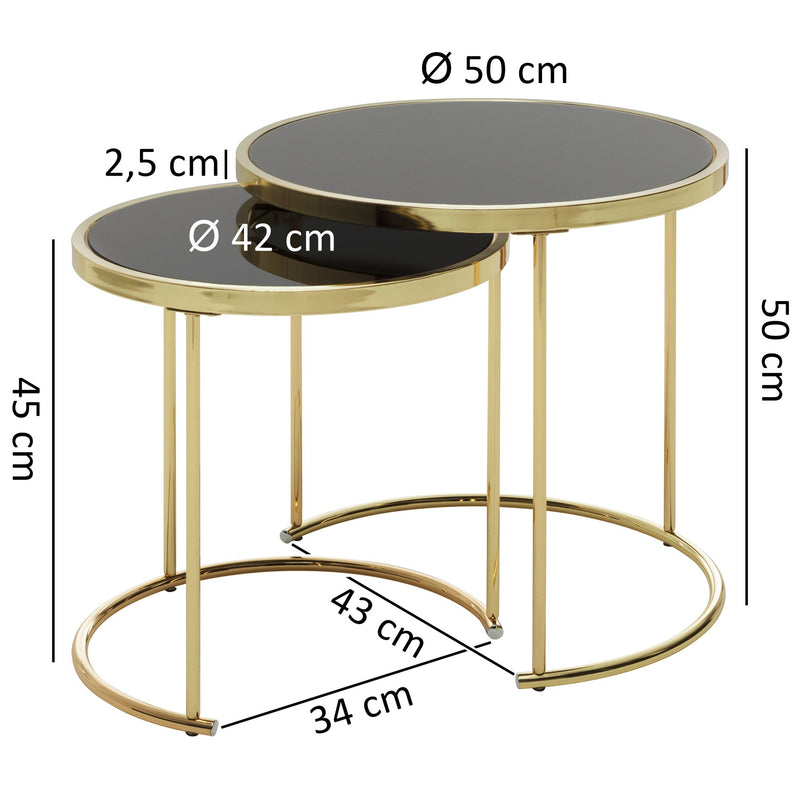 Satztisch Set COMO Metall Glas Schwarz Gold modern Beistelltisch