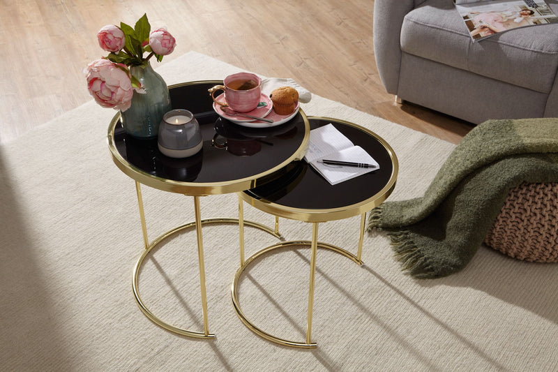 Satztisch Set COMO Metall Glas Schwarz Gold modern Beistelltisch
