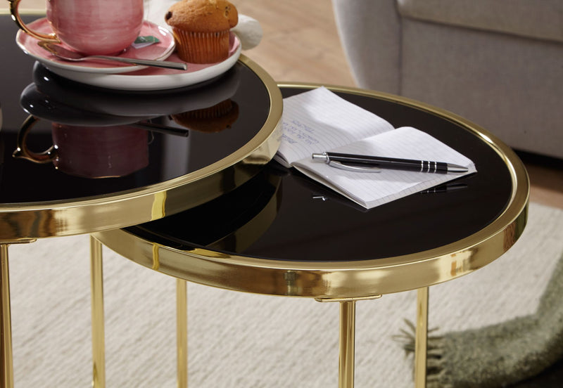 Satztisch Set COMO Metall Glas Schwarz Gold modern Beistelltisch