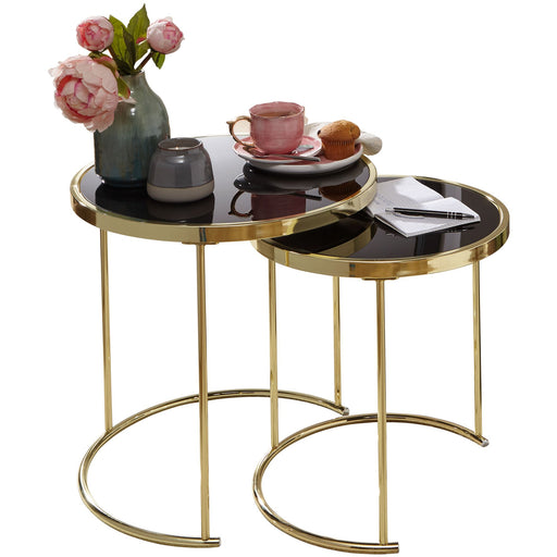 Satztisch Set COMO mit zwei ovalen schwarzen Glasplatten und goldenen Metallgestellen.