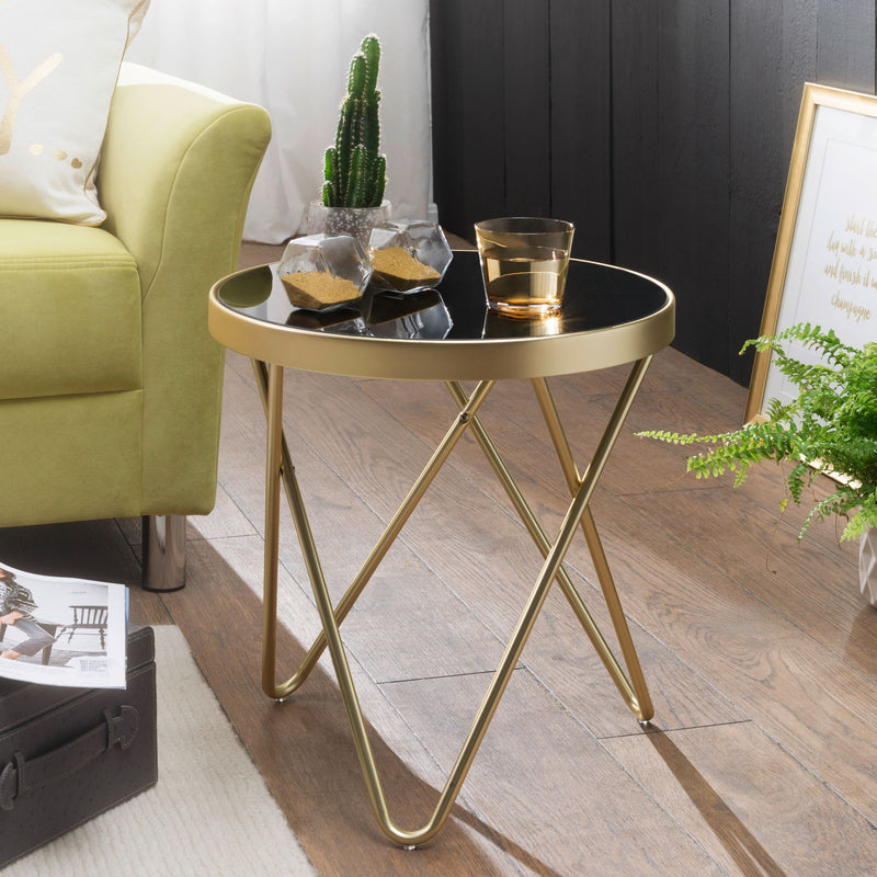 Beistelltisch PARMA Rund 42x46cm Glas Metall Schwarz Matt Gold
