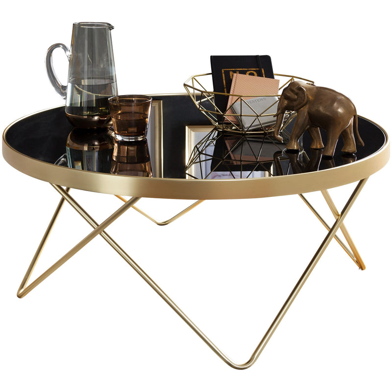 Couchtisch Ø82cm Schwarz Gold Metall Glasplatte modern Wohnzimmertisch