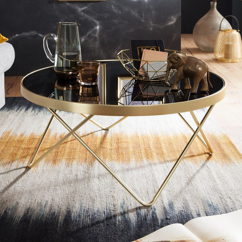 Couchtisch Ø82cm Schwarz Gold Metall Glasplatte modern Wohnzimmertisch
