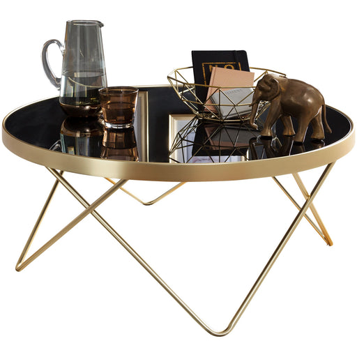Runder Couchtisch Ø82cm mit schwarzer Glasplatte und goldfarbenem Metallgestell in Gesamtansicht.