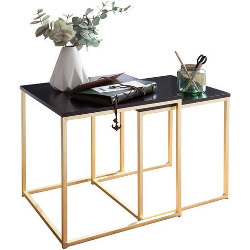 Satztisch Set CHUR Schwarz Gold mit schwarzer Tischplatte und goldfarbenem Metallgestell in Gesamtansicht.