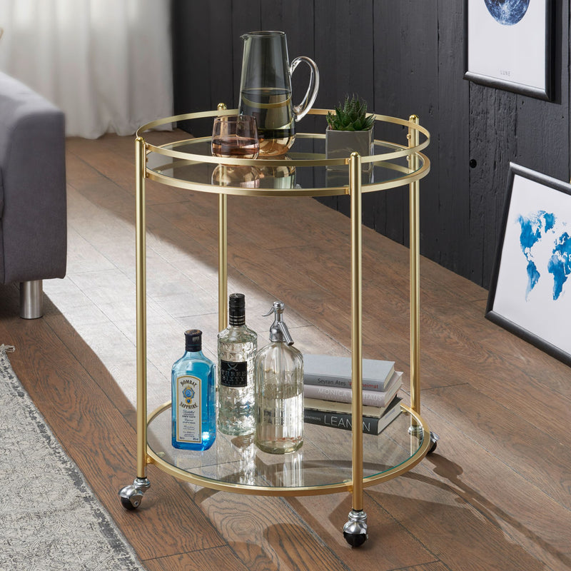 Servierwagen Gold Metall Glasplatten Rollen 57cm Rund 75cm hoch