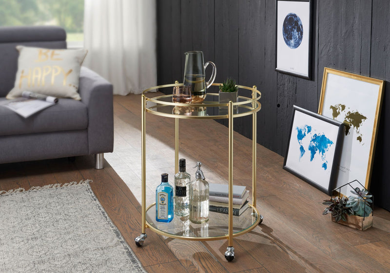 Servierwagen Gold Metall Glasplatten Rollen 57cm Rund 75cm hoch