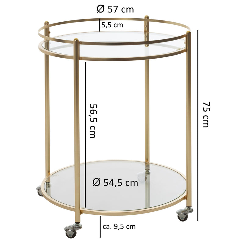 Servierwagen Gold Metall Glasplatten Rollen 57cm Rund 75cm hoch
