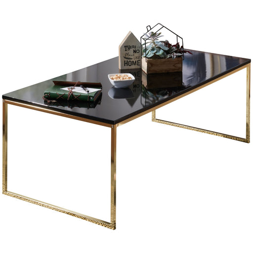 Couchtisch 120x45x60cm mit schwarzer Holzplatte und goldenen Metallbeinen, Gesamtansicht.