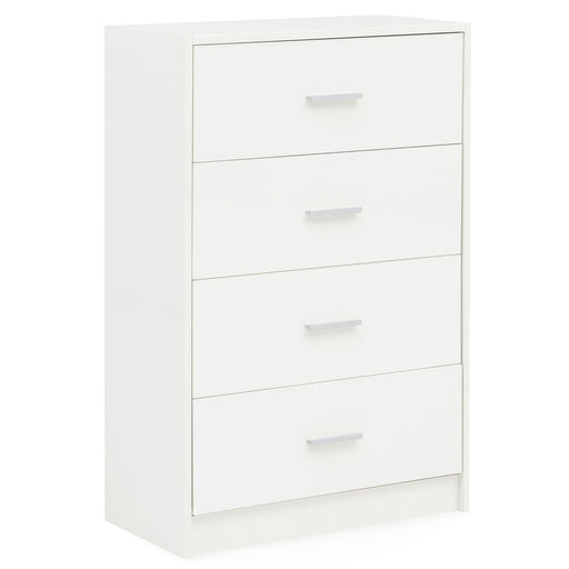 Sideboard WL5.864 in Weiß Hochglanz mit vier Schubladen und silbernen Griffbügeln, Gesamtansicht.
