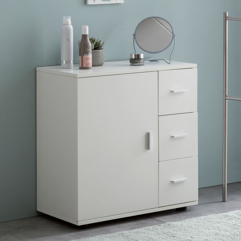 Badschrank WL5.877 Weiß 60x65,5x33cm Tür Schubladen Matt Freistehend