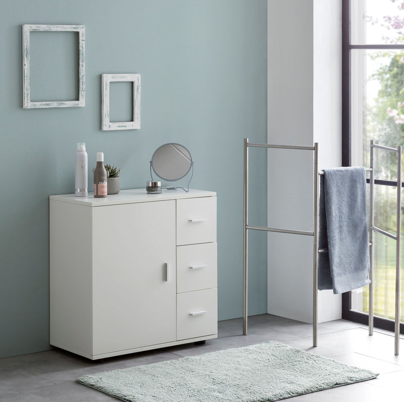 Badschrank WL5.877 Weiß 60x65,5x33cm Tür Schubladen Matt Freistehend