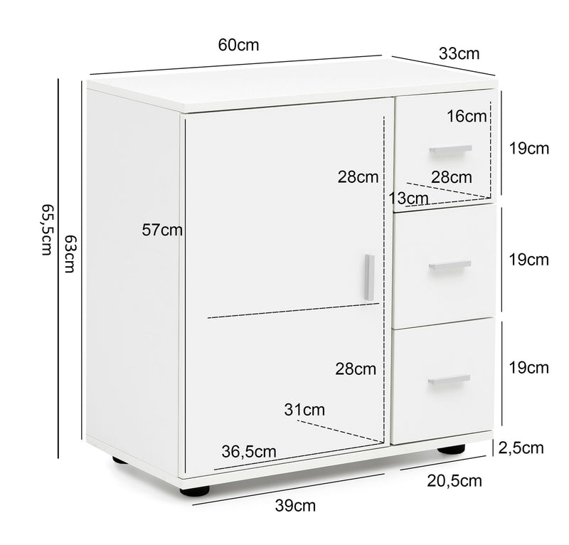 Badschrank WL5.877 Weiß 60x65,5x33cm Tür Schubladen Matt Freistehend